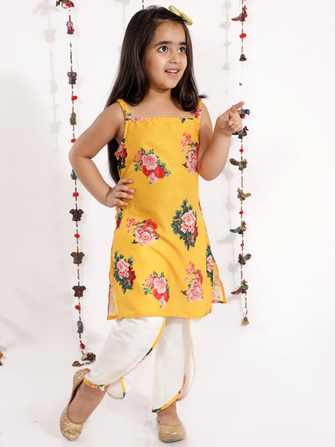 Girls' Floral Printed Cotton Silk Kurta And Tulip Pants